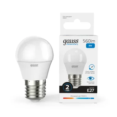 Лампа светодиодная LED 8 Вт 560 лм 6500К шар P45 холодный E27 AC 220В Elementary Gauss