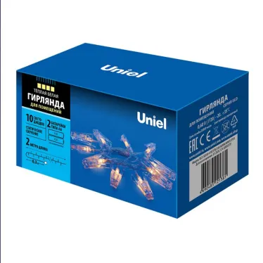 Гирлянда светодиодная  на эл.пит. 2AAПрищепки  ULD-S0200-010/STB/2AA WARM WHITE IP20 CLIPS   2м. 10 диодов 3000К шнур прозр. | UL-00005484 | Uniel