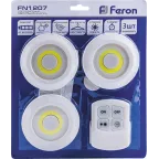                  Светильник светодиодный-кнопкаFN1207 1LED 3W (3шт в блистере+пульт) 180Lm, 90*22мм, белый | 23378 | FERON
               