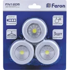                  Светильник светодиодный-кнопкаFN1205 1LED 2W (3шт в блистере) 120Lm, 69*25мм, белый | 23375 | FERON
               