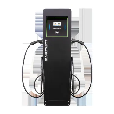 Зарядная станция для электромобиля EVC, 44 кВт, коммерческая OCPP 1.6J, переменный ток, 3 фазы 380В, два поста по 22 кВт 32 А, кабели по 5 метров, коннекторы GBT и Type2, IP54, черная ст ойка
