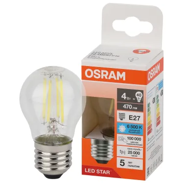 Лампа светодиодная филаментная LED Star Шарообразная 4Вт (замена 40Вт), 470Лм, 6500К, цоколь E27 OSRAM