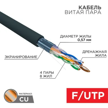 Кабель витая пара F/UTP, CAT 6, PE, 4PR, 23AWG, OUTDOOR, SOLID, черный, 305м REXANT | 01-0158 | REXANT