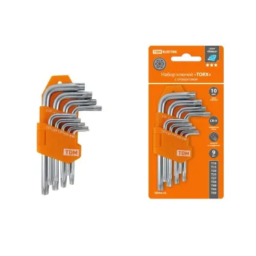 Набор ключей "TORX" с отверстием 9 шт: Т10-Т50 (держатель в блистере), CR-V сталь "Алмаз" | SQ1021-0102 | TDM