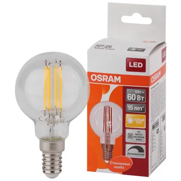 Лампа светодиодная LED 5Вт E14 CLB60D тепло-бел, Filament диммируемая,прозр.шар OSRAM