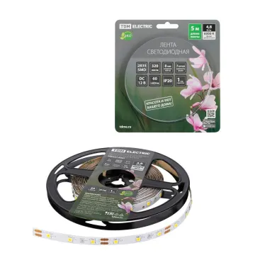 Лента светодиодная SMD2835-60 LED/м-IP20-12 В-4,8 Вт/м-6000 К (5 м) блистер | SQ0331-0365 | TDM
