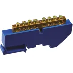 Шина "N" нулевая 6х9мм 8/1 (8 групп/крепеж по центру) с изолятором на DIN-рейку (20 шт/уп)