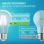 Лампа светодиодная филаментная LED 9 Вт 730 лм 4100К А60 груша нейтральный E27 AC 220В прозрачная колба Elementary Gauss