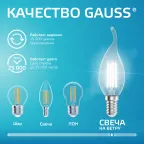 Лампа светодиодная филаментная LED 10 Вт 670 лм 4100К свеча на ветру нейтральный E14 AC 220В прозрачная колба Elementary Gauss