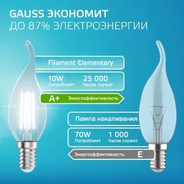 Лампа светодиодная филаментная LED 10 Вт 670 лм 4100К свеча на ветру нейтральный E14 AC 220В прозрачная колба Elementary Gauss