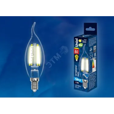 Лампа светодиодная LED 6вт 200-250В свеча на ветру прозрачное 500Лм Е14 3000К Sky филамент