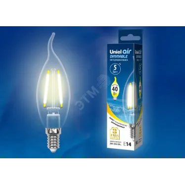 Лампа светодиодная LED 5вт 200-250В свеча на ветру диммируемая 450Лм Е14 3000К Air филамент