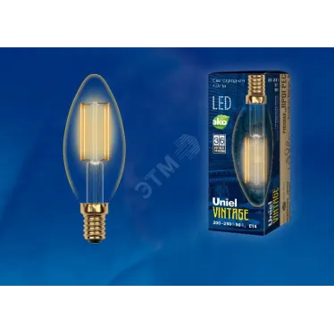 Лампа светодиодная декоративная LED 5вт 220-250В свеча 420Лм Е14 2250К золотая колба Vintage