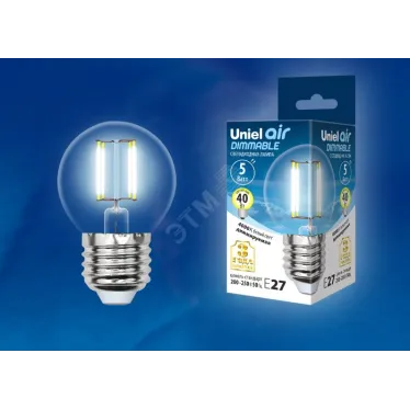 Лампа светодиодная LED 5вт 200-250В шар диммируемый 450Лм Е27 4000К Air филамент