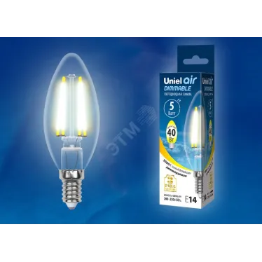 Лампа светодиодная LED 5вт 200-250В свеча диммируемая 450Лм Е14 3000К Air филамент