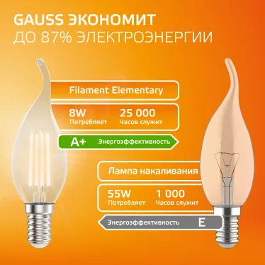 Лампа светодиодная филаментная LED 8 Вт 510 лм 2700К свеча на ветру теплый E14 AC 220В прозрачная колба Elementary Gauss