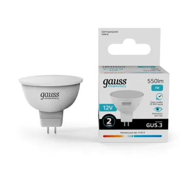 Лампа светодиодная LED 7 Вт 550 лм 4100К софит MR16 нейтральный GU5.3 AC/DC 12В низковольтная Elementary Gauss