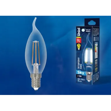 Лампа светодиодная Форма свеча на ветру прозрачная Серия Sky Белый свет (4000К) LED-CW35-9W/4000K/E14/CL PLS02WH