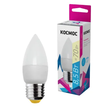 Лампа светодиодная LED 8.5Вт Свеча 220В Е27 D37х100 3000К теплый 720 лм