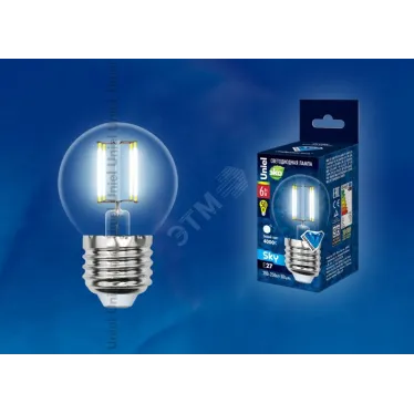 Лампа светодиодная LED 6вт 200-250В шар прозрачное 500Лм Е27 4000К Sky филамент