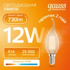 Лампа светодиодная филаментная LED 12 Вт 730 лм 2700К свеча на ветру теплый E14 AC 220В прозрачная колба Elementary Gauss