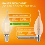 Лампа светодиодная филаментная LED 12 Вт 730 лм 2700К свеча на ветру теплый E14 AC 220В прозрачная колба Elementary Gauss