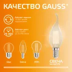 Лампа светодиодная филаментная LED 12 Вт 730 лм 2700К свеча на ветру теплый E14 AC 220В прозрачная колба Elementary Gauss