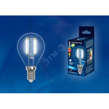 Лампа светодиодная LED 6вт 200-250В шар прозрачное 500Лм Е14 4000К Sky филамент