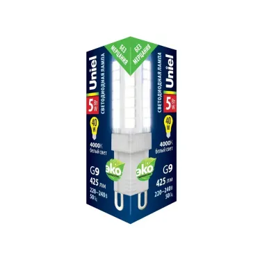Лампа светодиодная прозрачная LED-JCD-5W/4000K/G9/CL GLZ09TR Белый свет (4000К). Картон. ТМ Uniel.