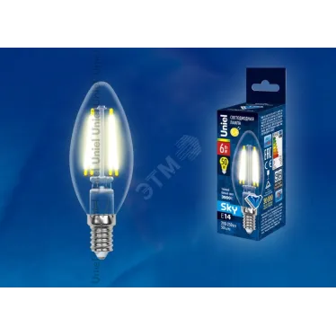 Лампа светодиодная LED 6вт 200-250В свеча прозрачное 500Лм Е14 3000К Sky филамент