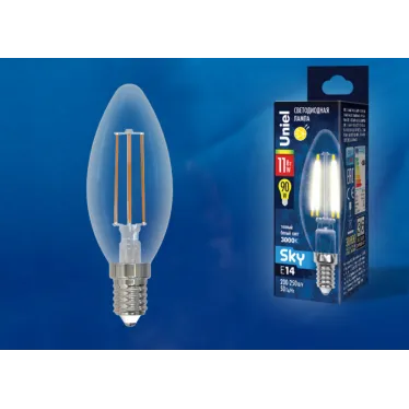 Лампа светодиодная LED-C35-11W-3000K-E14-CL PLS02WH Форма свеча. прозрачная. Серия Sky. Теплый белый свет 3000К. Картон. ТМ Uniel.