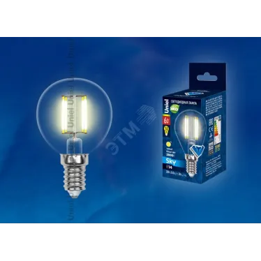 Лампа светодиодная LED 6вт 200-250В шар прозрачное 500Лм Е14 3000К Sky филамент