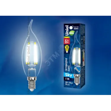 Лампа светодиодная LED 6вт 200-250В свеча на ветру прозрачное 500Лм Е14 4000К Sky филамент