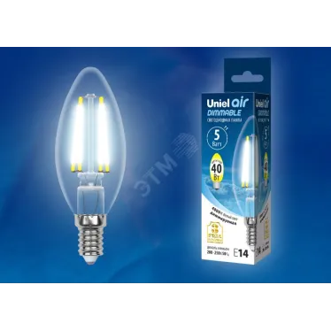 Лампа светодиодная LED 5вт 200-250В свеча диммируемая 450Лм Е14 4000К Air филамент