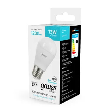 Лампа светодиодная LED 13 Вт 1200 лм 4000К шар P45 нейтральный E27 AC 220В Basic Gauss