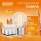 Лампа светодиодная филаментная LED 8 Вт 510 лм 2700К шар P45 теплый E27 AC 220В прозрачная колба Elementary Gauss