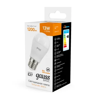 Лампа светодиодная LED 13 Вт 1200 лм 3000К шар P45 теплый E27 AC 220В Basic Gauss
