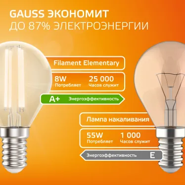 Лампа светодиодная филаментная LED 8 Вт 510 лм 2700К шар P45 теплый E14 AC 220В прозрачная колба Elementary Gauss