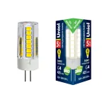 Лампа светодиодна прозрачная 5 Вт Теплый белый свет 3000К Картон ТМ Uniel LED-JC-220/5W/3000K/G4/CL GLZ09TR