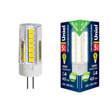 Лампа светодиодна прозрачная 5 Вт Теплый белый свет 3000К Картон ТМ Uniel LED-JC-220/5W/3000K/G4/CL GLZ09TR