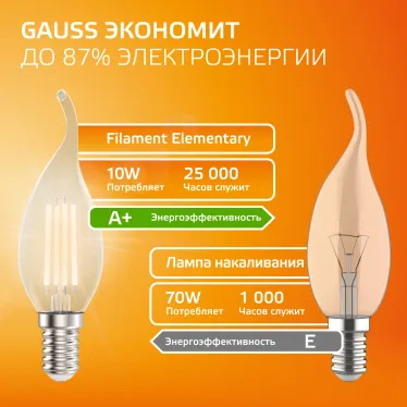 Лампа светодиодная филаментная LED 10 Вт 650 лм 2700К свеча на ветру теплый E14 AC 220В прозрачная колба Elementary Gauss