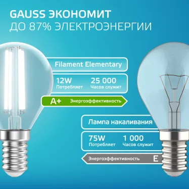 Лампа светодиодная филаментная LED 12 Вт 750 лм 4100К шар P45 нейтральный E14 AC 220В прозрачная колба Elementary Gauss