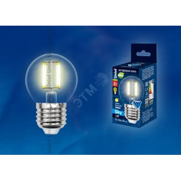 Лампа светодиодная LED 6вт 200-250В шар прозрачное 500Лм Е27 3000К Sky филамент