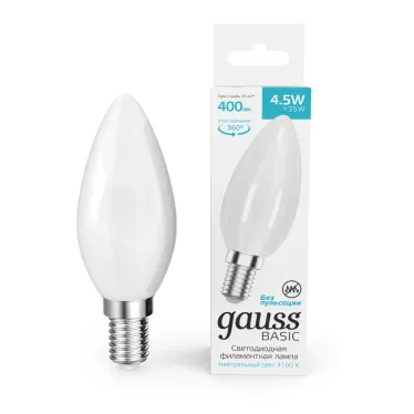 Лампа светодиодная филаментная LED 4.5 Вт 400 лм 4100К свеча нейтральный E14 AC 220В матовая колба Basic Gauss