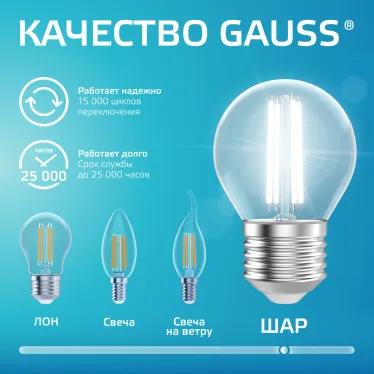 Лампа светодиодная филаментная LED 12 Вт 750 лм 4100К шар P45 нейтральный E27 AC 220В прозрачная колба Elementary Gauss