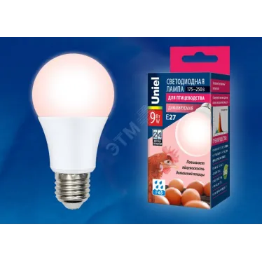 Лампа светодиодная диммируемая для птиц. Спектр для яйценоскости. LED-A60-9W/SCEP/E27/FR/DIM IP65 PLO65WH