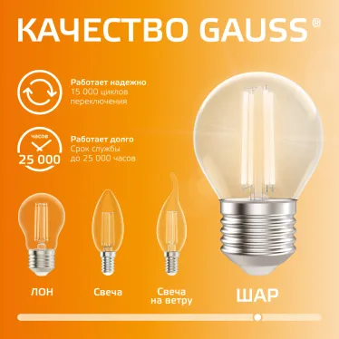Лампа светодиодная филаментная LED 12 Вт 730 лм 2700К шар P45 теплый E27 AC 220В прозрачная колба Elementary Gauss
