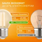 Лампа светодиодная филаментная LED 12 Вт 730 лм 2700К шар P45 теплый E27 AC 220В прозрачная колба Elementary Gauss
