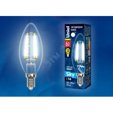 Лампа светодиодная LED 6вт 200-250В свеча прозрачное 500Лм Е14 4000К Sky филамент