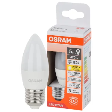 Лампа светодиодная LED Star Свеча 5Вт (замена 40Вт), 470Лм, 2700К, цоколь E27 OSRAM